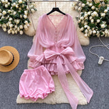 Fairy Atmosphere With A Sense Of Niche Bow Tie With Waist Lace Spliced Long-Sleeved Lotus Leaf-Side Mesh Dress Shorts