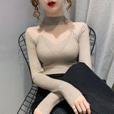 Half-High-Necked Sweater Women's Autumn And Winter New Korean Engraving Lace Mesh Yarn Hollow With Knitted Bottom Shirt Women's Top