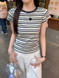 Vintage Ramming Striped Design Sense Fashion In Short-Sleeved T-Shirt Girl Summer Slimming Bottom Top Girl T-Shirt Tide