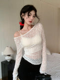 French Retro Hook Lace U-Neck Long-Sleeved Lace Lace Jersey Girl Summer New Hot Girl Sexy Perspective Thin Top