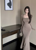 Pure-Style French Sexy Collar Long-Sleeved Dress Women Autumn And Winter New Body-Repair Hot Girl Bag Hip Fishtail Long Dress