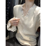 KANING Lace V-Neck Long-Sleeved Knitted Shirt 2026 Autumn And Winter New Bottom Sweater Top