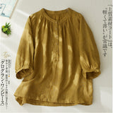 Real Shooting 2026 Summer New Half-Open Collar Collar Short-Sleeved Cotton Shirt Loose Middle-Sleeved Shirt Pure Color