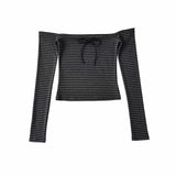 Sweet Sister Summer Design Feeling A Word Shoulder Striped Strapped Bottom Shirt Women Autumn Long Sleeves And Shoulders To Put On A Top