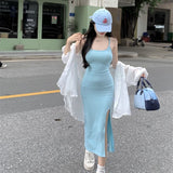 Pure-Style Sexy Blue Sling Dress Girls Autumn And Winter Hot Girls Open Fork Inside The Thin Ass Hip Dress