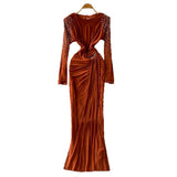 Cummel Senior Sentender Diamond Long Sleeve Dress Women's Autumn Netɴ Ribbon-Repair Elegant Dress