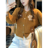 KANING Korean Round-Neck Three-Dimensional Flower Knitted Open Shirt 2026 Autumn And Winter New Lazy Wind Stifling Sweater Jacket