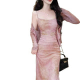 Spring And Summer Tie Dyed Folded Sling Dress Embody H-Shaped Dress + Long-Sleeved Sunshade Woman Two-Piece