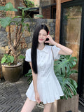 College Style Sweet White Short-Sleeved Shirt Dress Summer New Small 100-Fold Short Skirt