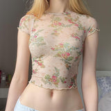 Fashion Mesh Sexy Hottie Shoulder Short-Sleeved T-Shirt Girl Summer New Slim Short Open-Navel Blouse Tide