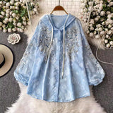 Light Luxury High-End Heavy-Working Sequin Nail Lantern Sleeve Shirt Coat Casual Sunscreen Loose Thin Hooded Shirt