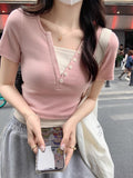 2026 Summer New Simple Pure Lust Fresh Sweet V Collar Two Short-Sleeved T-Shirt Ribs Tudy Ester