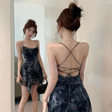 Pure-Want Hottie Cross-Dress Irregular Print Sling Dress Women Summer Wearing Thin Short Skirt