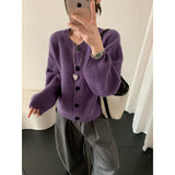 KANING Purple Thin Round Collar Knitted Cardigan 2026 Autumn And Winter New Loose Lazy Wind Solid Color Sweater Jacket