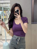 Ins Pure-Breining Style Short Sleeves And U-Necked Short-Sleeved T-Shirt Women's Collarbone Low-Chest Short-Sleeved Topess