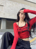 Vintage Sweet Babes Red Long-Sleeved T-Shirts For Autumn And Winter New Letters Slimming Inside A Short Top
