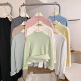 Super Good-Looking Wooden Ear With Velvet Knitted Jersey Women 2025 Autumn And Winter To Keep Warm And Pure Color Inside The Bottom Shirt Top