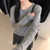 KANING Korean Sweet Lace Spliced Knitted Shirt 2026 Autumn And Winter New Temperament Short Sweater Top
