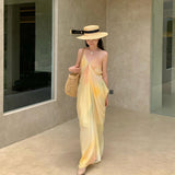 Yellow Temperament Seaside Resort Windy Dress Fainting V-Neck Zipper Sling Dress Women's Summer
