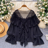 Fairy Top 2025 Summer Languid Temperament Famous Lotus Leaf Side Splicing Horn Sleeve Chiffon Shirt Loose Shirt