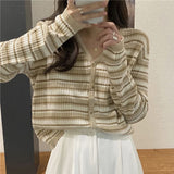 KANING Port Wind Sweet V-Neck Striped Knitted Cardigan Women 2026 Autumn New Ocean Gas Thin Sweater Outside