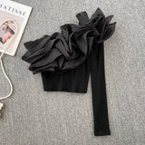 Vintage Temperament Personality Three-Dimensional Flower Collar Unilateral Shoulder Long-Sleeved T-Shirt Women's Short-Term Navel Blouse