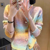KANING Heart-Shaped Button Gradient Rainbow-Colored Knit 2026 Autumn New Stylish Sweet V-Neck Sweater