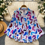 Korean Version Of Commuting Style Color Geometric Print Long-Sleeved Shirt Women's Summer Skin Permeable Loose Cardigan Temperament Top