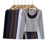 Spice Girls Autumn New Personalized Fake Two Long-Sleeved T-Shirt Hanging Neck Tie Short Bottom Top