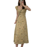 2025 Cherry Grass Yellow Summer Flower Thin High French Style Collar Small Flying Sleeve Temperament Gentle Broken Flower Long Dress
