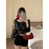 Fashion Hottie Micro-Permeable Mesh Black Round-Neck Long-Sleeved T-Shirt Girl Summer Slimming Inside A Short Top Tide