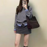 KANING Korean Version Of Gray Soft Glutinous Fake Two Knitted Shirt Women 2026 Autumn New Temperament Casual Sweater Jacket