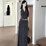 Summer Folded Vest V-Neck Top + Dating Solid-Colored Ass Hip Skirt Long Dress