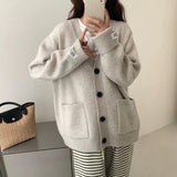 KANING Roll-Fleet Sticker V-Neck Button Knitted Cardigan 2026 Autumn New Korean Lazy Loose Sweater