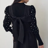 Real Shooting New Bubble Sleeve Nail Bead Lantern Sleeve Sweater + Two Bow Female Hairs Vest Dress Suit