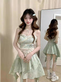 2025 Spring And Summer New Girl Wind Sweet Green Sleeveless Sleeveless Skirt Students To Collect Waist Thin Irregular Long Skirt
