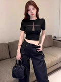 Black Hollow Perspective Cross Design Sense Short-Sleeved T-Shirt Girl Small Waist Repair Slim Thin Top Woman T