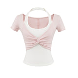 Summer New Fake Two Short-Sleeved Neck Bumper T-Shirt Top