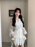 Rib + Zipper French Long-Sleeved Apricot Dress Woman 2025 Autumn New Fairy-Bapped Chiffon Short Skirt