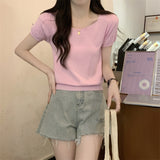 Korean Version Of The Pure Color Simple Square Collar Short-Sleeved Knitting Shirt Casual Age Reduction Slim Slim Short-Term Blouse
