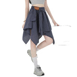 Real Shooting Irregular Strapped Plaid Shirt Half-Dress College High Waist Thin Anti-Skinny Babes A Short Skirt