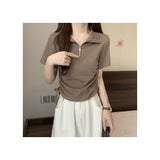 Casual Style POLO Neck Zipper Front Shoulder Short Sleeve T-Shirt Women's Summer Design Suction Rope Strap To Repair Short Blouse