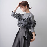 Multiplication A Large Number Of Goods Spring And Autumn And Winter New Women's Long Sleeve Heavy Industry Splicing Lotus Leaf Side Long Sleeves Of Clothing Fashion Top
