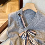 KANING Design-Sensitive Ribbon Bow V-Neck Vest Women's Autumn Soft-Gried Knitted Vest Korean Sleeveless Top