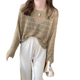 2026 Autumn And Summer New Sweet Age Reduction Hollow Knitted Shirt Girl Loose Thin Thin Thin Thin Thin Color Cover Shirt Top Woman