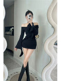 Sexy Hottie Purple Shoulder Dress Women Autumn Winter Design Tight Body Thin Ass Short Skirt