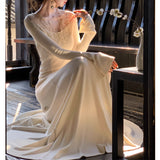 [Snow] Gentle Atmosphere Feel Lace V-Neck Knitted Dress Women Autumn Waist Thin A Long Dress