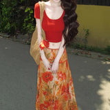 Vintage Bright Atmosphere Red T-Shirt Top + Oil Painting Large Flower Skirt Dress 2026 Summer