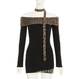 French Temperament Out-Shoulder Leopard-Print Spliced Long-Sleeved Dress Women's New Spring Slimming Ass Short Skirt