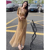 French Temperament V-Neck Horn Long-Sleeved Dress Women Autumn Large-Size Fat Mm Holiday Wind To Show Skinny Dress
